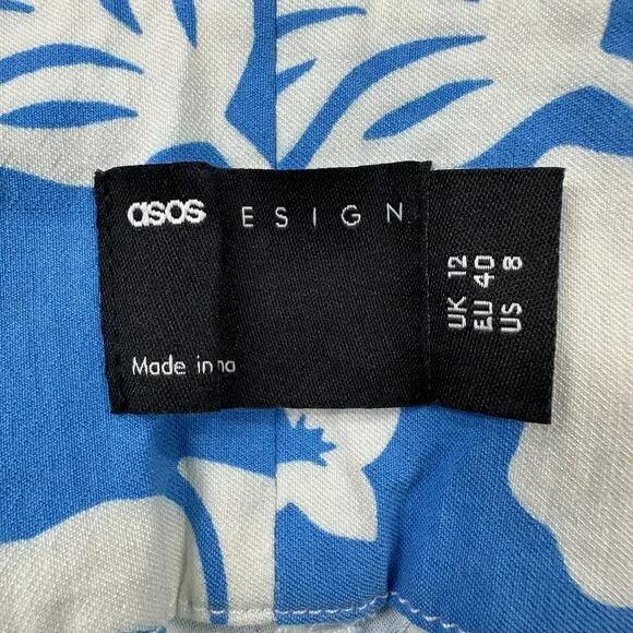 ASOS Design Pants Womens 8 Blue White Hawaiian Floral Hibiscus Straight Leg - Picture 3 of 11